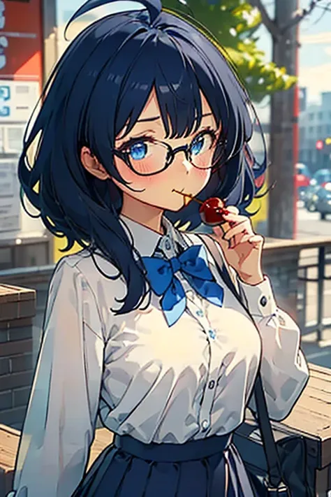 1girl, A girl stuffing her face with french friesbangs,black-framed eyewear,black hair,blue bow,blue eyes,blue hair,blueberry,blush,bow,bowtie,cherry,A short-sleeved white shirt with four vertical bow ties, hard areolas, protruding areolas,Ahoge, medium bo...