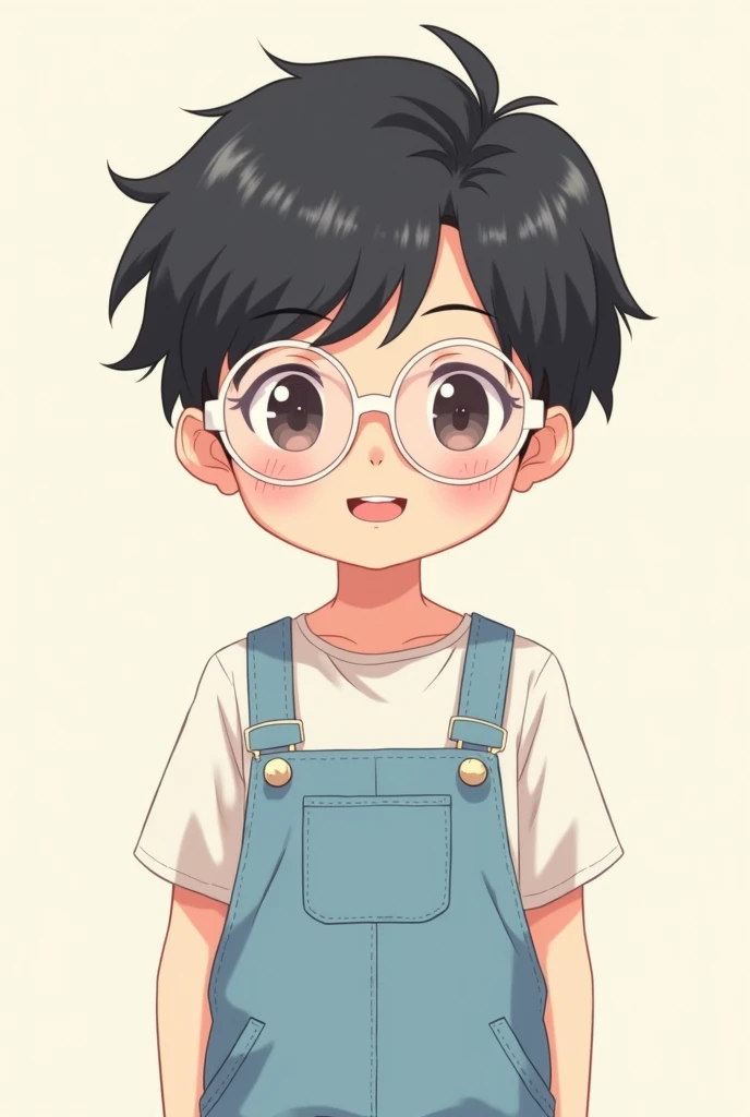 Black hair light blue overalls white glasses with pink cute smile male anime cute kawai brunette