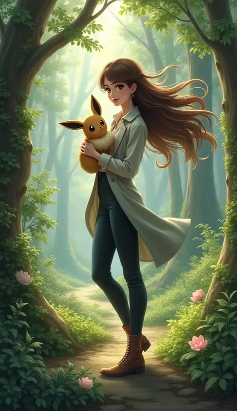  "a stunning, realistic, high-resolution woman with fluffy, brown hair, wearing a stylish outfit, holding a small Eevee, in a magical forest setting."
