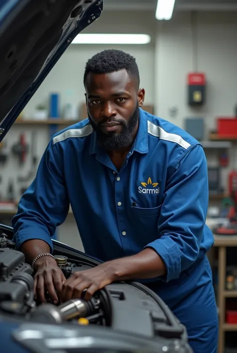 a dark nigeria man with beards wearing a blue and white uniform  with starmalt logo performing exhaust service
