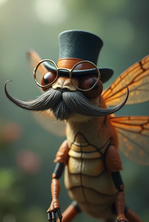 (photorealism:1.2), dragonfly insect with a mustache, tophat and monocle 