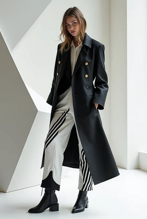 Create a fashion collection of 10 designs inspired by geometric figures, paintings, stripes, black and white triangles 