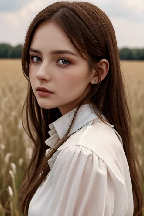 one in a field with a white blouse brown hair and eyes 