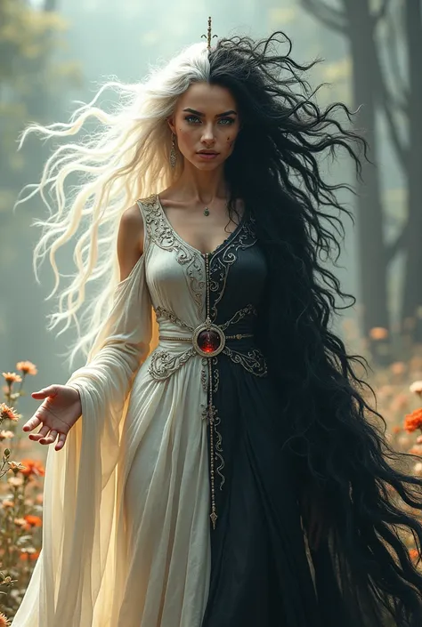 Imagine a female figure split down the middle to represent both divine and dark qualities. The right half of her body is that of a beautiful goddess, with flowing silver hair, a gentle, compassionate blue eye, and a glowing, golden skin tone. She wears a w...