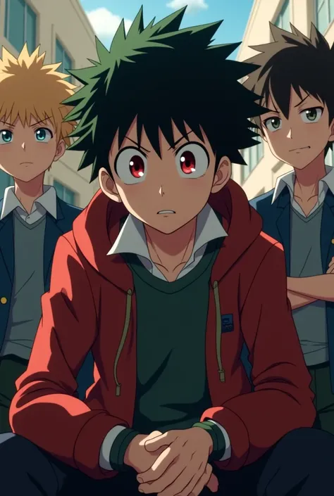 My hero academia screenshot. 
Boy with black messy hair, His eyes are chromatic, the one on the left is dark red and the one on the right is golden brown, He has a serious and calm expression. 
He is wearing the UA uniform, His friends Deku Shoto and Bakug...