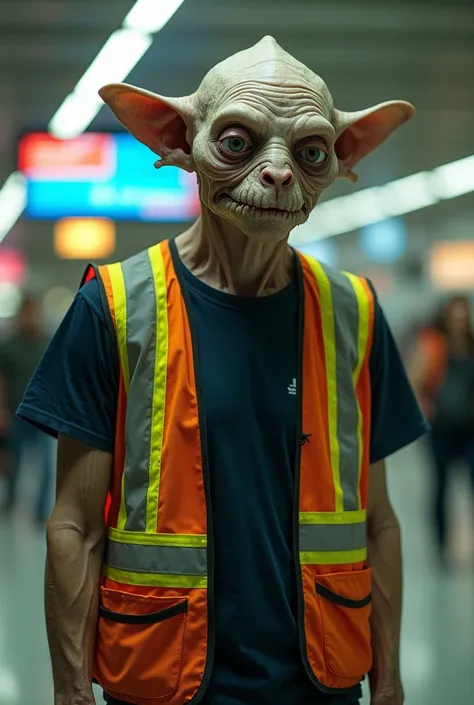 Make Golum dressed as an airport worker with a reflective vest and a dark navy t-shirt