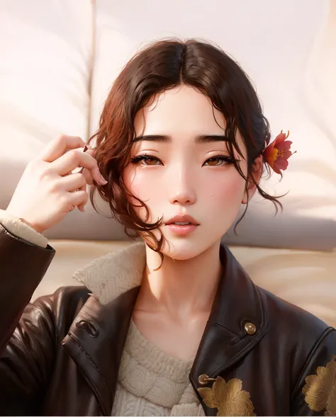 arafed korean girl with a flower in her hair and a brown coat, korean girl, ulzzang, jinyoung shin, beautiful south korean woman, portrait jisoo blackpink, lee ji - eun, lee ji-eun, kwak ji young, beautiful aesthetic face, korean woman, beautiful young kor...