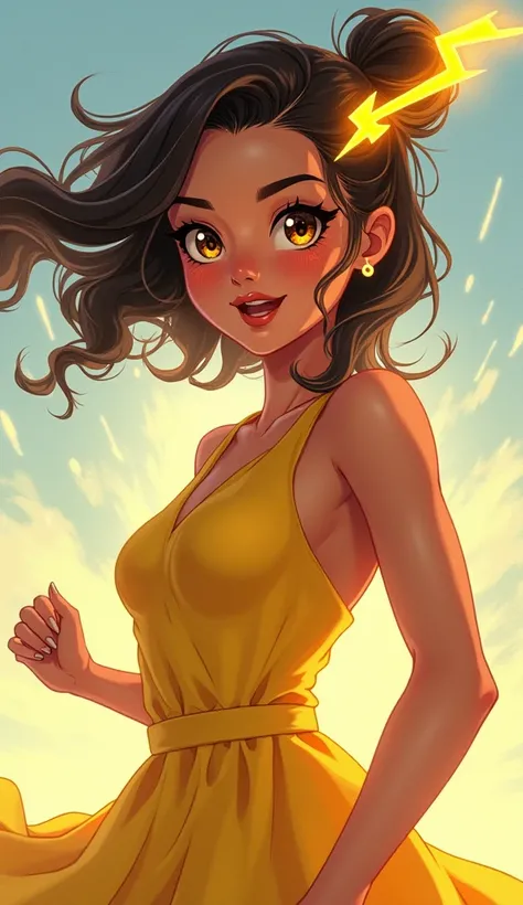 (masterpiece), (best quality), (ultra-detailed), (illustration),  beautiful girl, pretty face,  glowing cheeks,  sparkling eyes,  yellow dress,  lightning bolt hairpin,  energetic pose,  exciting,  dynamic,  (realistic)