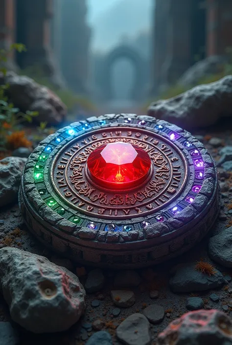 Create an image of a circular amulet, forged by three wizards, one of blue magic, one of green magic and one of purple magic, and that its final color is red and that it is written by the ruin of gummar, the ecplisi is under my command 