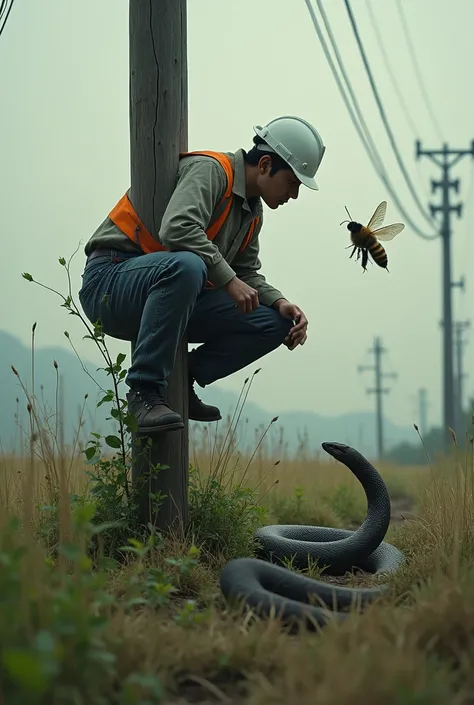 Theres a worker in a safety helmet, he climbed up the pole to work on it and then a bee flies in and threatens him, but theres a snake in the grass on the floor, so paint me a picture that cant easily go down. Except his hat is white and Korean