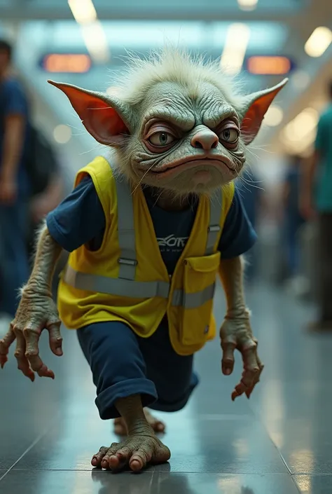 Make a short, golum dressed as an airport worker with a reflective vest and a dark navy t-shirt