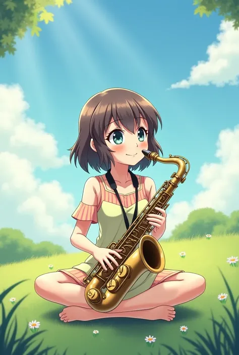 A girl in anime mode who is sitting playing the saxophone in a sunny weather