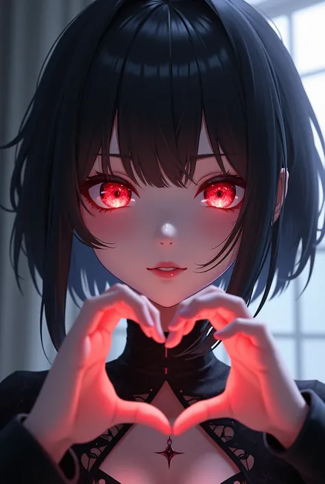 She is a pretty anime girl, she is a half-human demon, her eyes are bright red, her hair is short, black, and she makes a heart with her hands. 