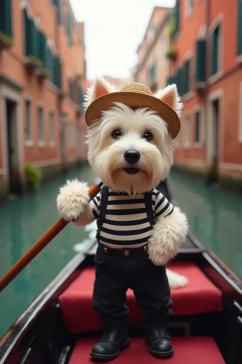 Westie, as a gondolier in Venice with a straw hat and striped shirt, black pants and black shoes 