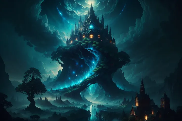 (masterpiece, best quality, (beautiful and aesthetic:1.2), extremely detailed), Illustration of a surreal, otherworldly, hyper sky scene including a giant tree full body, highly detailed and magical lighting, intricate forest details, vegetation and surrou...