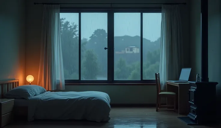 In a room with big windows，The atmosphere in the room is quiet and dark。A simple small bed by the window,It&#39;s raining heavily outside the window。The layout of the room is simple and warm。There is a small desk in the room，There is a laptop on the desk p...