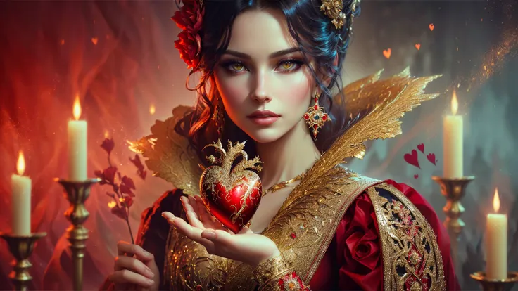 there is a woman holding a heart in her hands, karol bak uhd, beautiful digital artwork, beautiful fantasy art portrait, fantasy woman, fantasy art behance, beautiful fantasy portrait, the queen of hearts, queen of hearts, gorgeous digital art, alluring me...