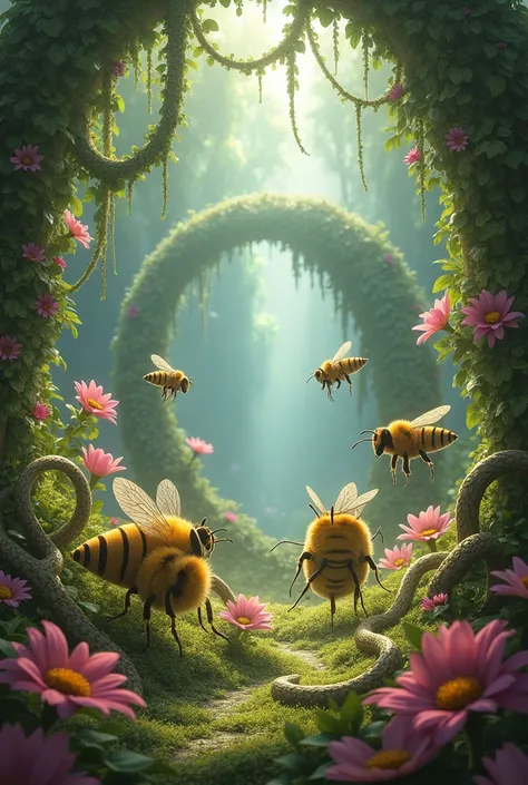 Please add a few more bees and snakes in this picture now