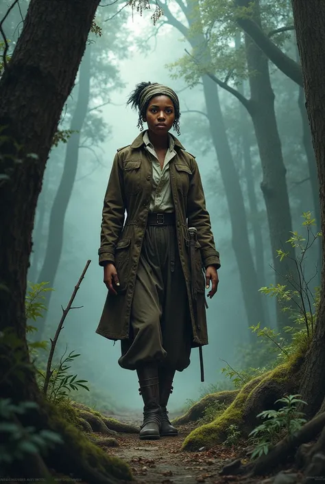 Harriet Tubman realizes she is being watched in the middle of a cloudy forest and stops. His gaze is calm, but surprised. Her clothing is like that of a 19th century guerrilla, make them comic-like