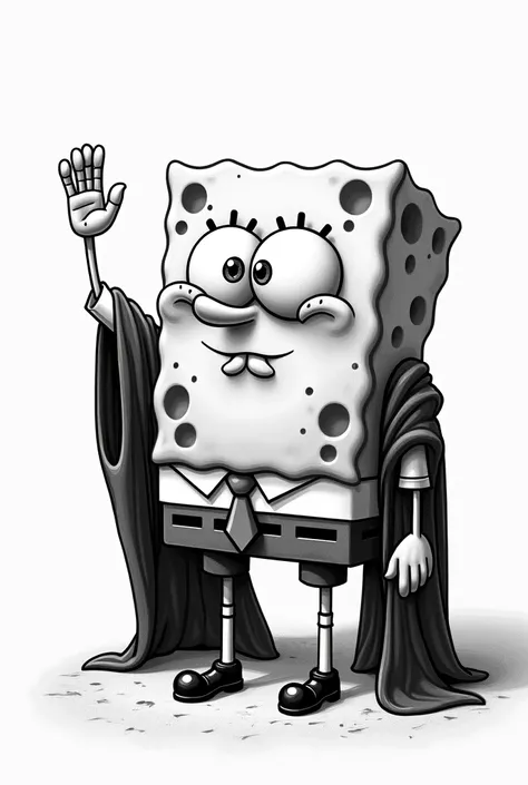 Sponge Bob,realistic, with a cold and calm expression without a smile,being a judge, black and white, with eyes completely closed, drawing style. With one hand raised swearing loyalty.