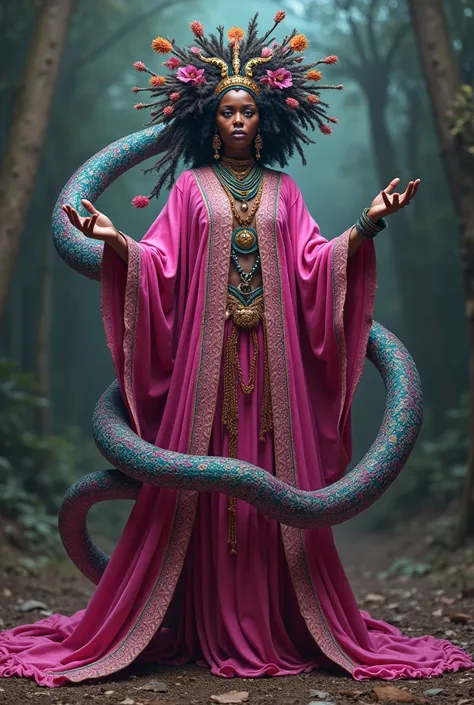 Black African Orisha Yewá dressed in pink with a colorful snake