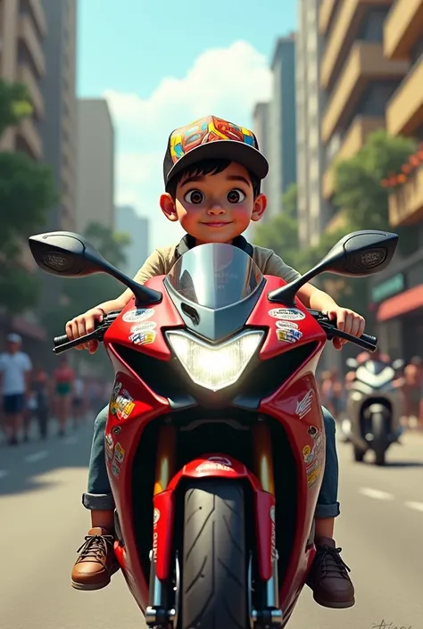 A Brazilian boy wearing a cap on top of a Honda motorcycle with several stickers