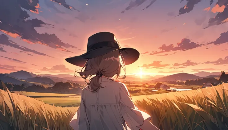 A rural countryside landscape,Sunset, emotional,A girl in her twenties wearing a hat.