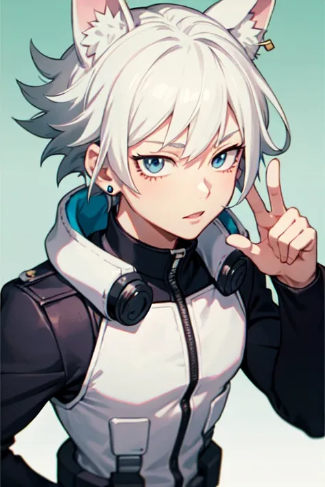 animation style/dibujo Boku no hero academia 1 boy with white hair with a hint of blue, Blue eyes. Wears earrings on both ears.