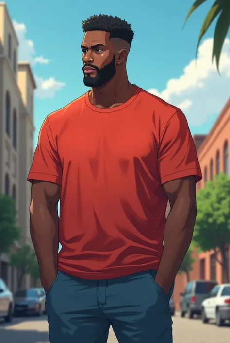 A man, he has a straight and serious look on his face, he has beard, he is black, he is wearing a red t-shirt and a blue jeans pants, anime style, realistic wide shot 