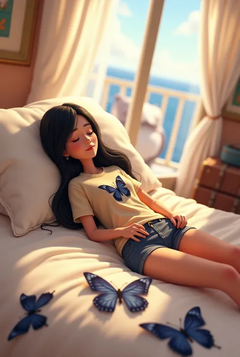 Woman 30 years, very long straight black hair, wearing beige with large navy blue butterflies 🦋print shorts and  beige with large navy blue 🦋 butterflies print short sleeves T-shirt, sleeping in white sheets bed at cruise ship bedroom. Luggage and white ba...