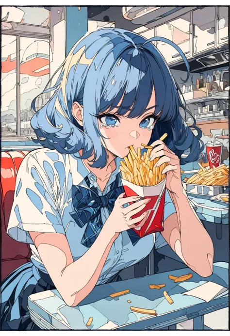 (((beautiful detailed)))(cute face:1.2)1girl, A girl stuffing her face with french fries, Girl crying while eating a pile of french fries, Inside a 1950s-style diner, 1950s-style interior, Navy blue hair, blue eyes, A short-sleeved white shirt with four ve...