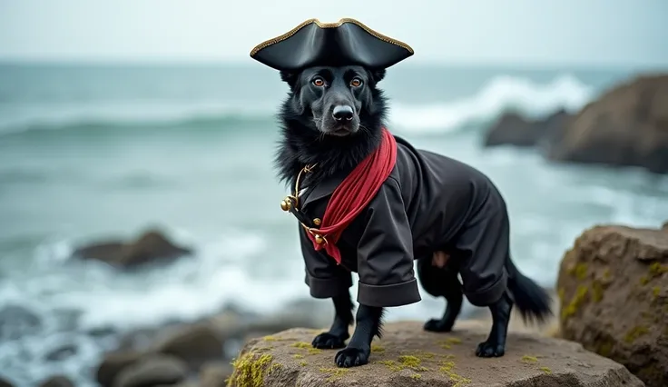 black cute dog dressed up as a pirate on a rock by the ocean, black short hair pirate, a pirate, corgi dressed as captain america, portrait shot, award - winning pet photography, pirate captain, pirate themed, portrait of a dog as a pirate, pirate portrait...