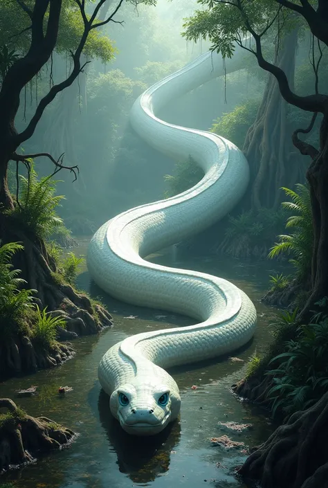 Giant long white Serpent have blue eyes in swamp, in rainforest 