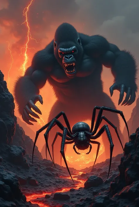    Show a scary gorilla and a scary spider in a volcanic area 