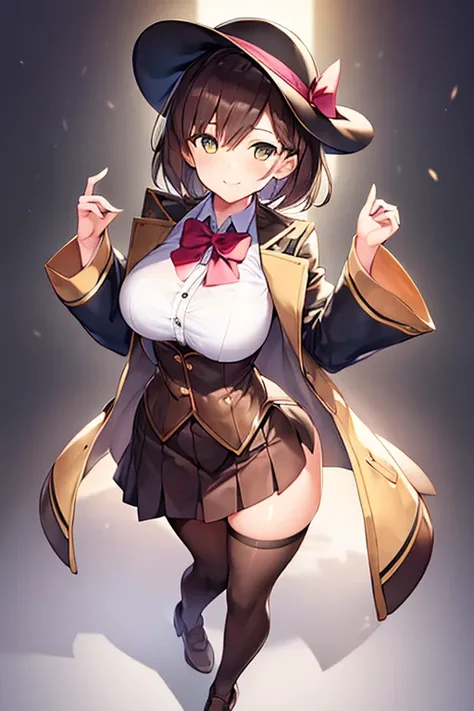 1girl, light smile, breasts, hourglass figure, standing, ((standing)), full body, ((full body)), tall, brown hair, very short hair, bowtie, thighhighs, jacket, skirt, hat