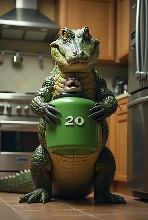 Create realistic image of an alligator in the kitchen holding a green pressure cooker with the number 20 written on it with an otter inside crying