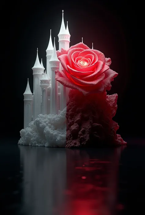 Half white and half dark burgundy castle, where from the middle emerges a bright red crystal rose, All on a black background 