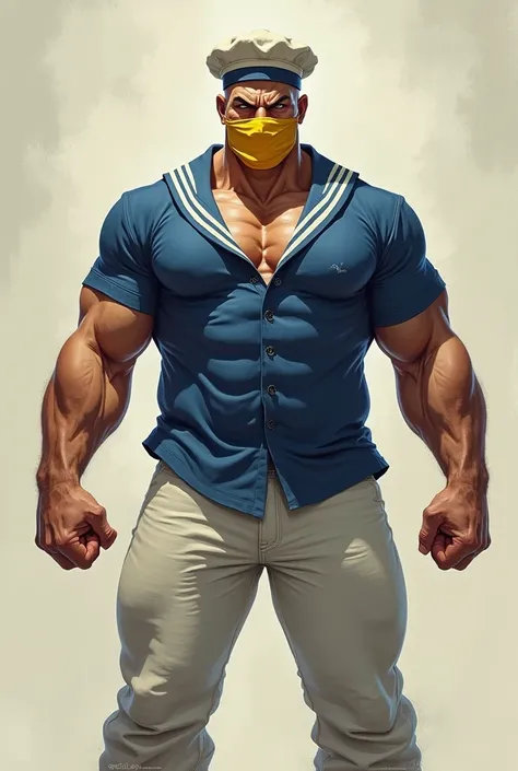 A muscular man,with white pants,with a blue sailor shirt with white parts,and he&#39;s angry and looks scary and has light skin, and a sailor hat,and a yellow mask covering his mouth 