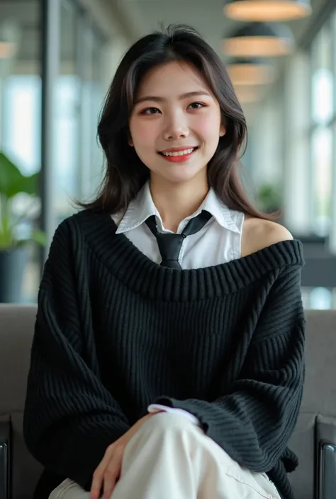 (8k, RAW photo:1.2), (japanese woman:1.5), 30 y.o, detailed face and eyes, high quality, high resolution, very detailed, office room, ((black off shoulder loose collar sweater with white long sleeve buttoned shirt on the inside)), necktie, smile, sitting, ...