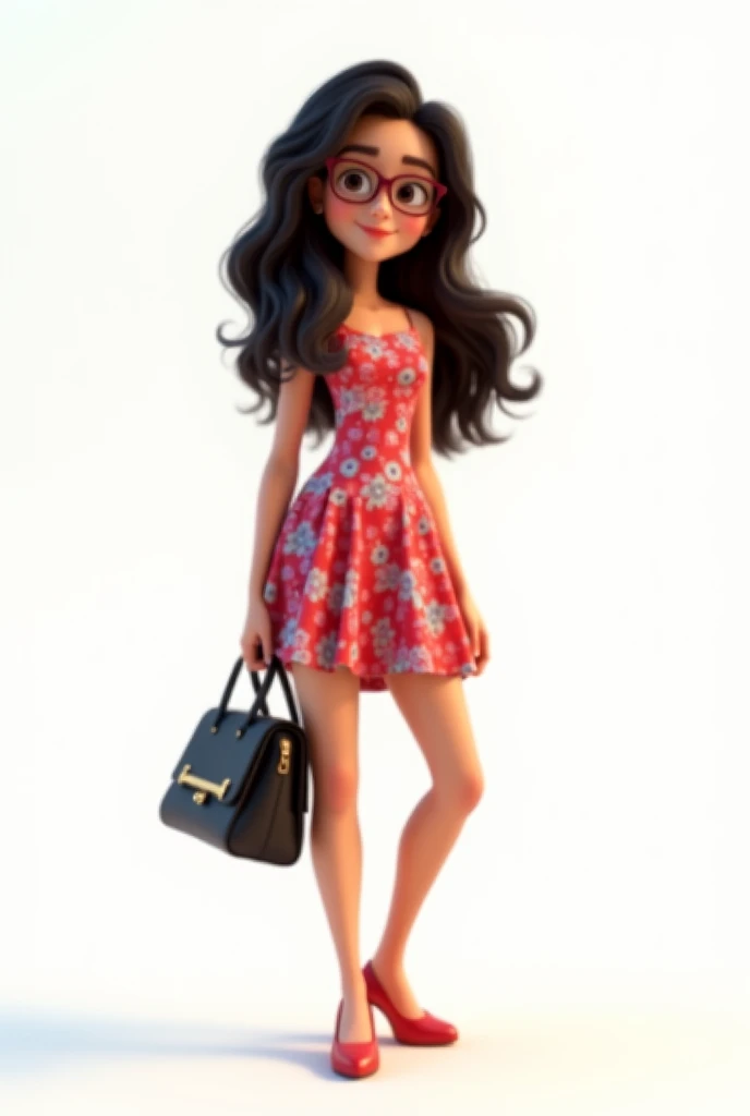  
Cartoon of a pretty 20 year old girl ,Latina with long wavy hair,with glasses, floral dress with red shoes ,black bag with gold details,white background ,Pixar style 3 d