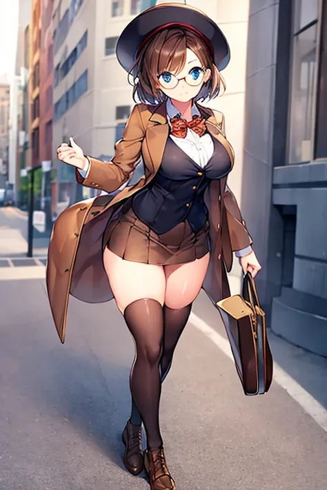 1girl, light smile, breasts, hourglass figure, standing, ((standing)), full body, ((full body)), tall, brown hair, very short hair, bowtie, thighhighs, jacket, skirt, hat, city, brown jacket, glasses