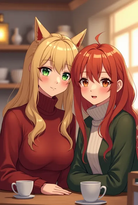 ((best quality)), ((masterpiece)), (detailed), perfect faceA blonde girl with long loose hair, green eyes, big tits, wearing a red turtleneck, is with her friend a girl with straight red hair, brown eyes and shy freckles, They are taking a selfie in a Kawa...