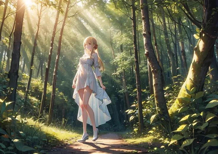 A gentle girl with slender legs standing in a forest clearing, with sunlight streaming through the trees, her figure illuminated by a soft red light that flows from her heart, symbolizing grounding energy