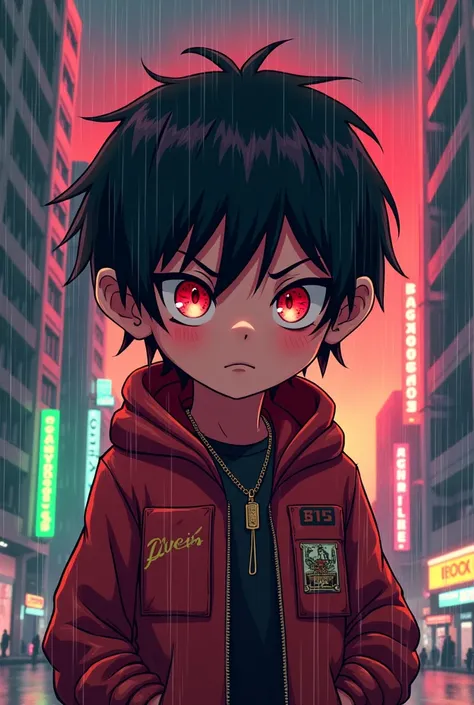 (masterpiece, beautiful, highres), illustration, 1boy, solo, (((cartoon style: 1))), (western cartoon), demon boy with horns, portrait, smiling, black anime medium-short length hair, cute, pink lips, red eyes, young adult, cyberpunk streetwear, rainy sky, ...