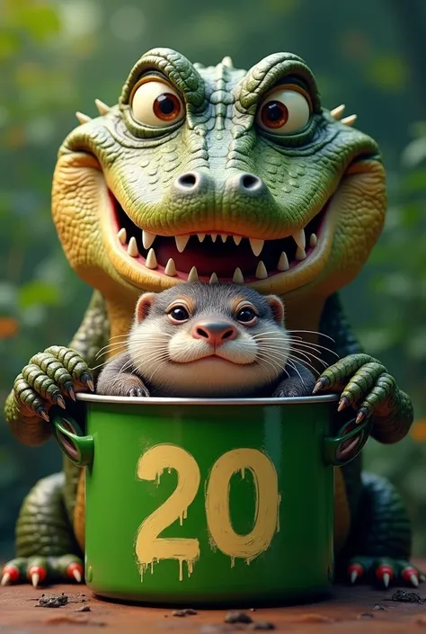 Create realistic image of a smiling alligator, with a green pressure cooker with the number 20 written on it with a sad otter inside