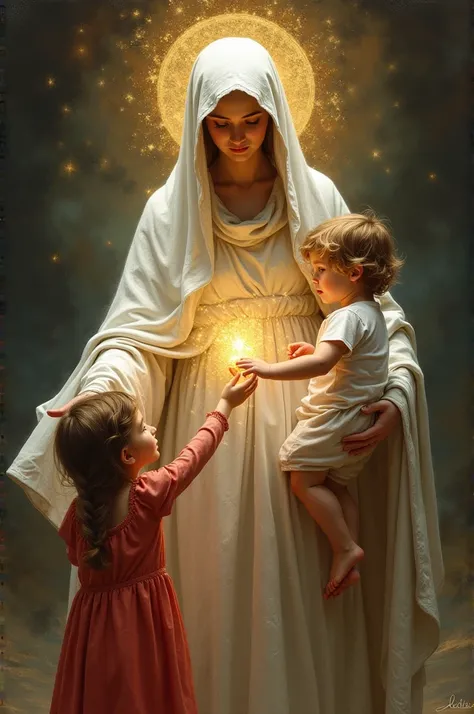 Image of Our Lady in white showing the sacred host to two children