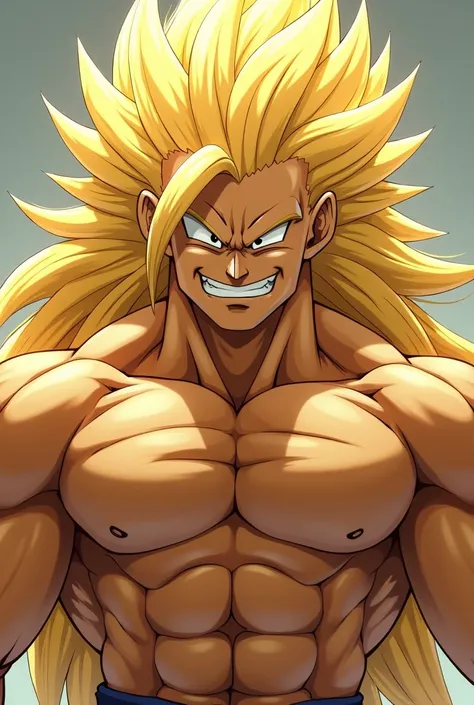 Dragon Ball Z Boo-like cool muscle man々
Movie poster, white eyes, blonde hair、Super Saiyan 3 Shirtless、The bottom is a martial arts uniform, the skin is yellow, the expression is a suspicious grin, make it look a little more relaxed, make the skin a little...