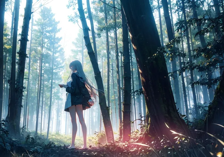 A gentle girl with slender legs standing in a forest clearing, with sunlight streaming through the trees, her figure illuminated by a soft red light that flows from her heart, symbolizing grounding energy