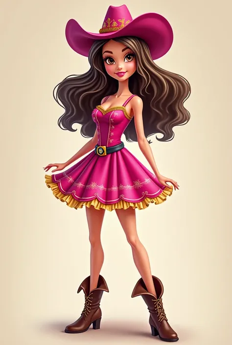 A cartoon image of a barbie  ,brown hair with half white ,brown eyes halloween pink cowgirl costumes ,adult barbie 