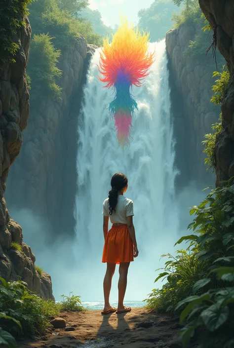 The jambaló girl with a white blouse and an orange skirt found herself on the other side of the waterfall or ravine a rainbow lady waiting for her. 